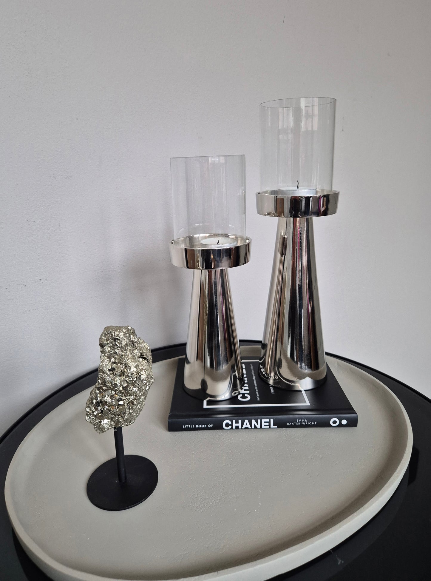 Luxe Hurricane Windlichten | Set van 2 | Glas/Zilver | 9×9×25cm / 9×9×29cm
