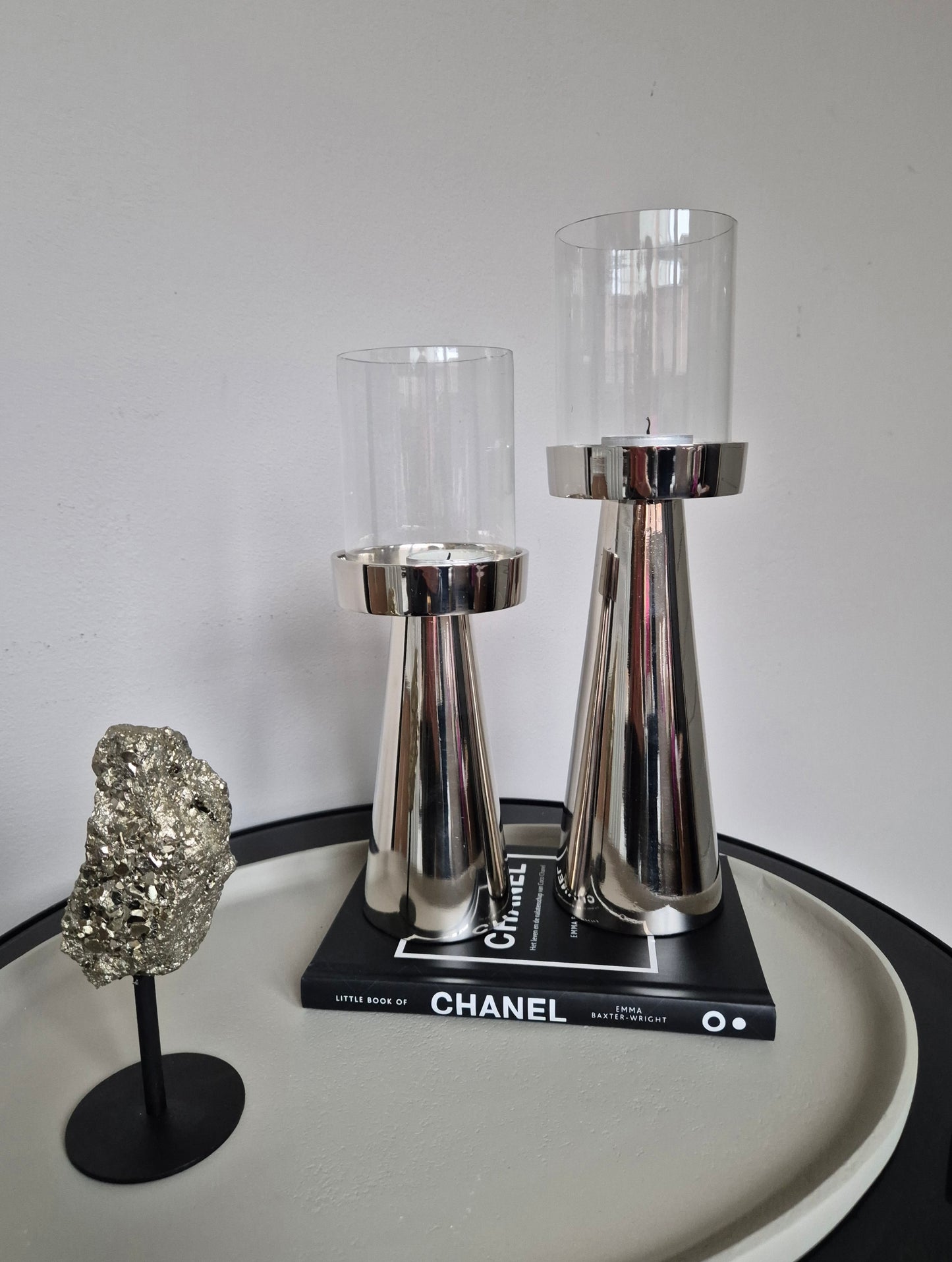 Luxe Hurricane Windlichten | Set van 2 | Glas/Zilver | 9×9×25cm / 9×9×29cm
