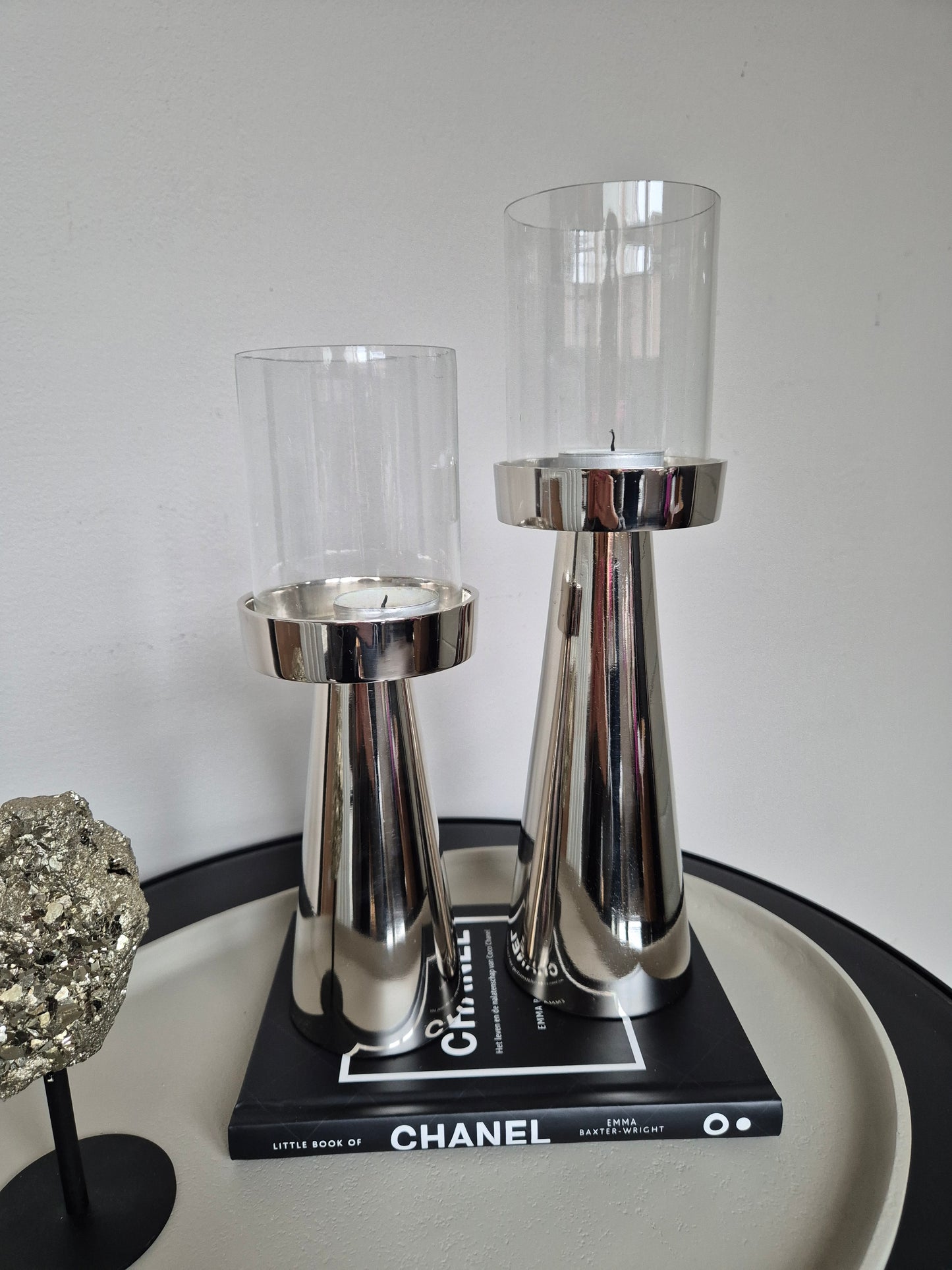 Luxe Hurricane Windlichten | Set van 2 | Glas/Zilver | 9×9×25cm / 9×9×29cm