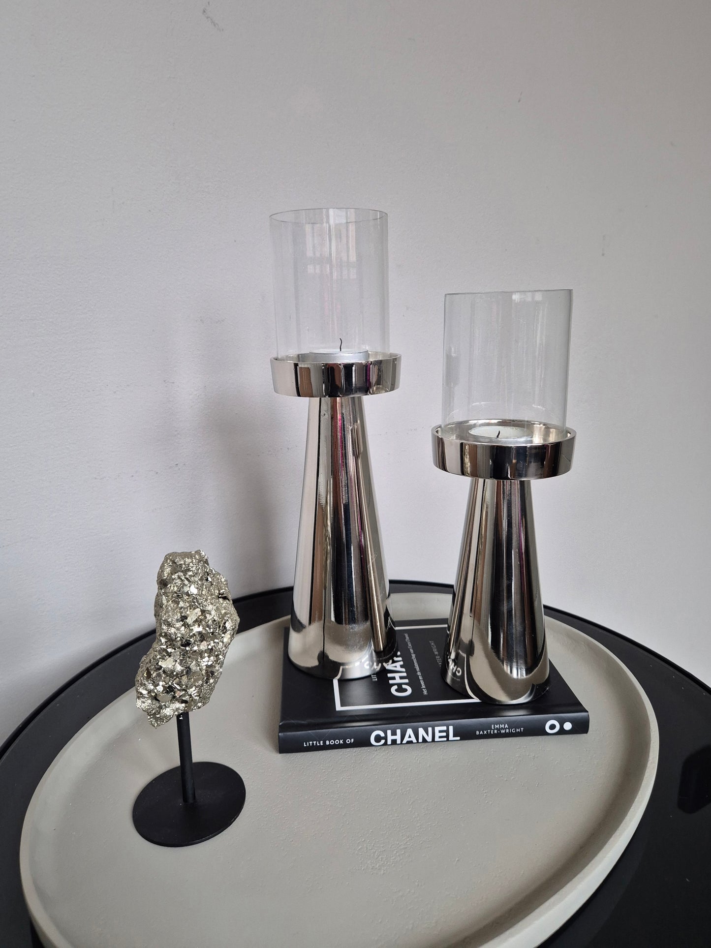 Luxe Hurricane Windlichten | Set van 2 | Glas/Zilver | 9×9×25cm / 9×9×29cm
