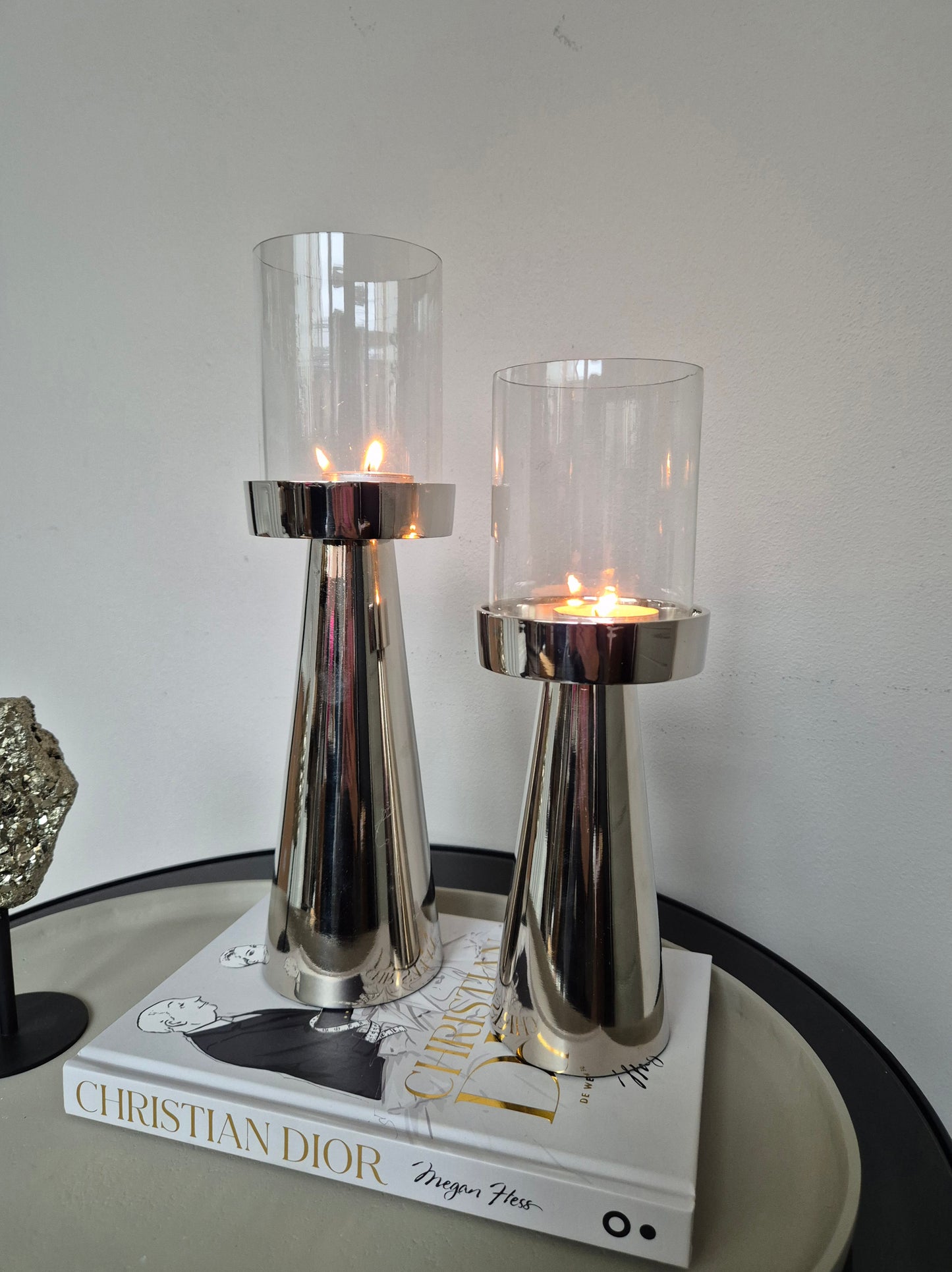 Luxe Hurricane Windlichten | Set van 2 | Glas/Zilver | 9×9×25cm / 9×9×29cm