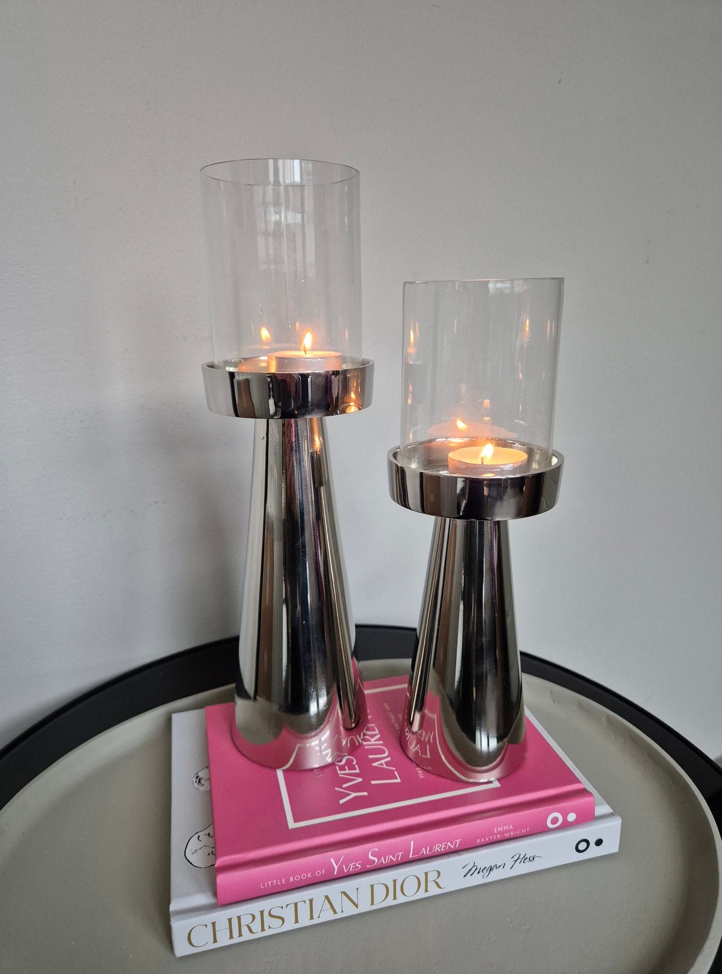 Luxe Hurricane Windlichten | Set van 2 | Glas/Zilver | 9×9×25cm / 9×9×29cm