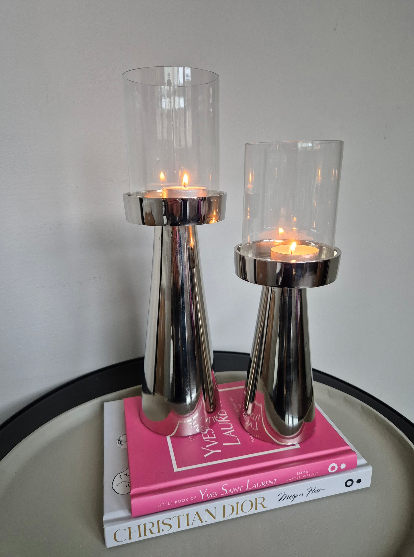 Luxe Hurricane Windlichten | Set van 2 | Glas/Zilver | 9×9×25cm / 9×9×29cm