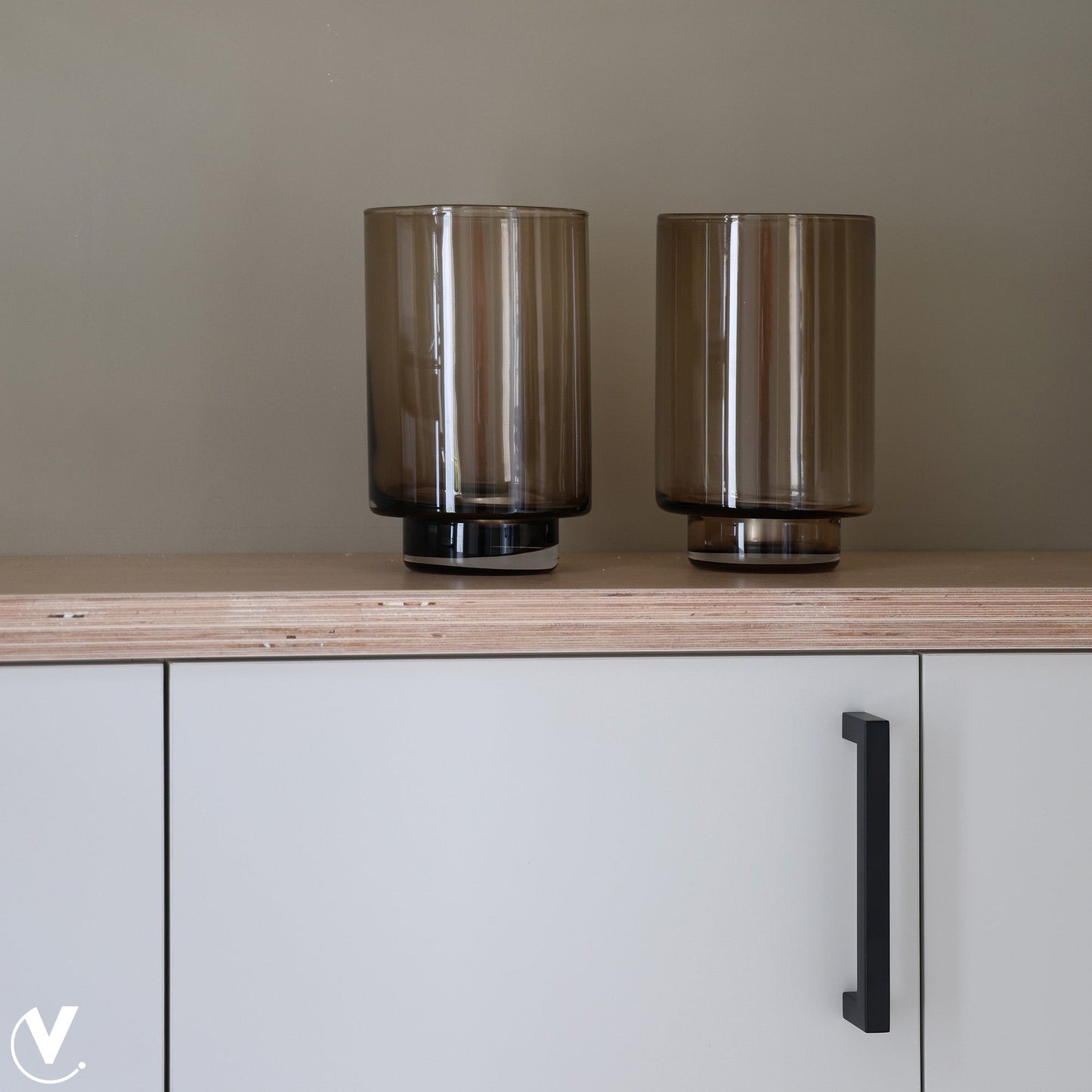 Rookglas Cilinder Windlicht op Voet | Taupe | Ø14 x H21 cm