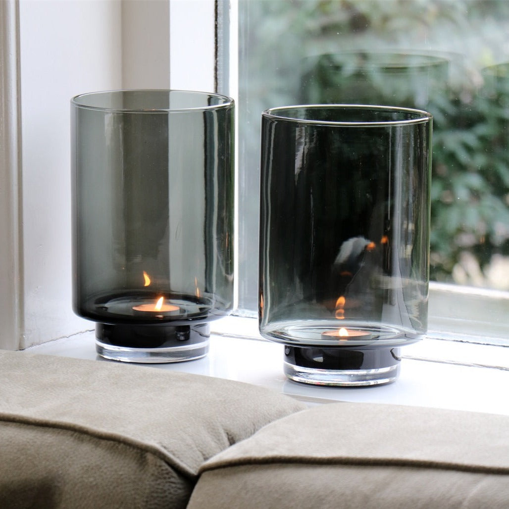 Rookglas Cilinder Windlicht op Voet | Smokey Grey / Black | Ø14 x H21cm