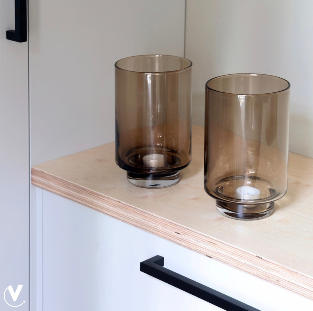 Rookglas Cilinder Windlicht op Voet | Taupe | Ø14 x H21 cm