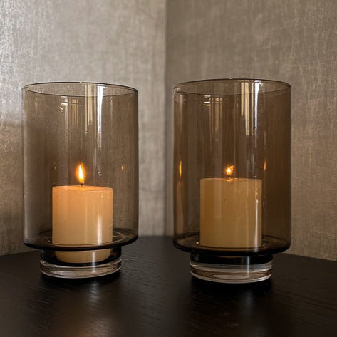 Rookglas Cilinder Windlicht op Voet | Taupe | Ø14 x H21 cm