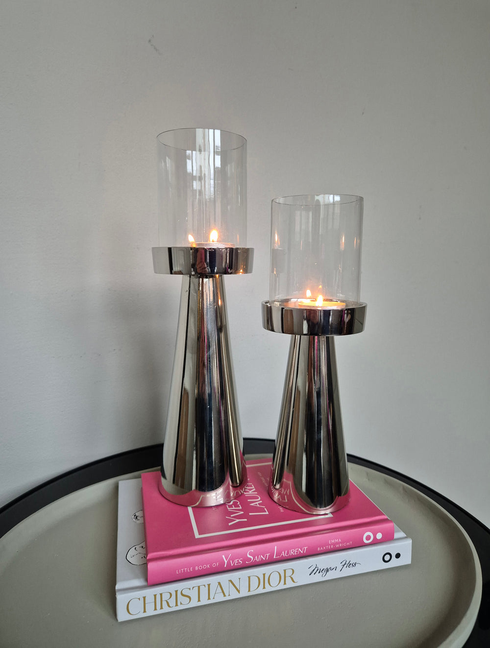 Luxe Hurricane Windlichten | Set van 2 | Glas/Zilver | 9×9×25cm / 9×9×29cm