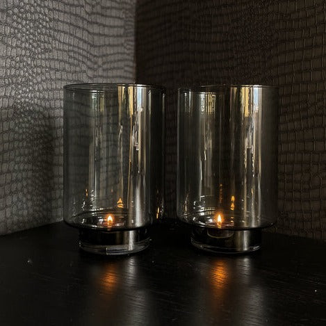 Rookglas Cilinder Windlicht op Voet | Smokey Grey / Black | Ø14 x H21cm
